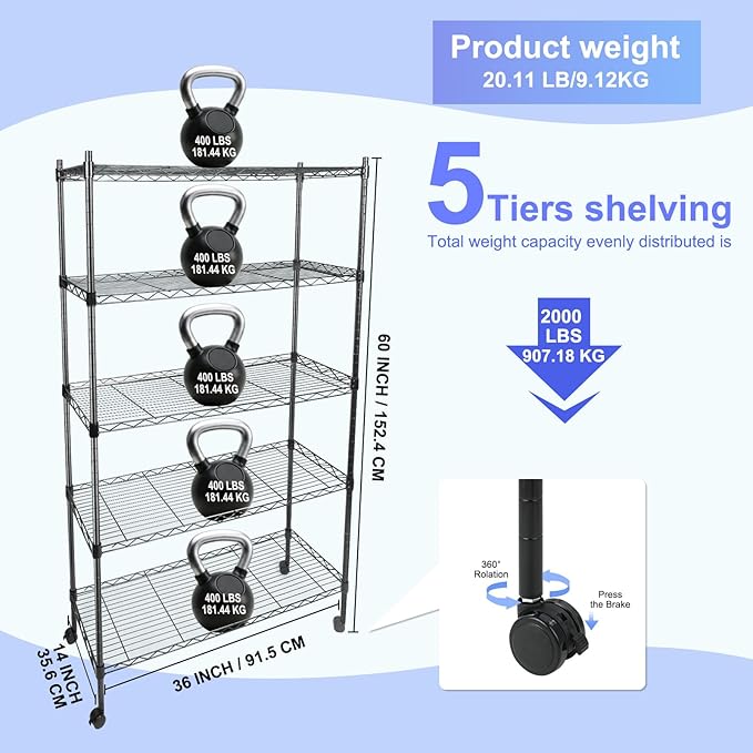 Whitmor 5 Tier Shelving Unit,Metal Storage Shelves, Heavy Duty with 4 Wheels & Adjustable Feet, 400 lbs Capacity per Shelf, Max 2000 lbs Total for Home, Garage, Workshop, 36" L x 14" W x 60" H, Black