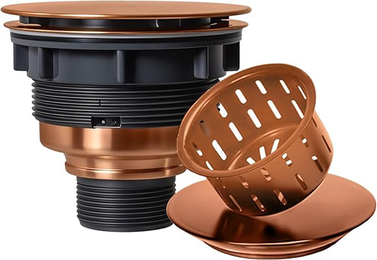 Strictly Sinks Sink Drain Strainer with Removable Basket - 3-1/2 Inch Stainless Steel Round Kitchen Sink Drain Assembly Kit with Deep Strainer Basket & Flat Cover Lid (Copper)