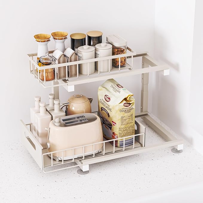 Toyear Under Sink Organizer, Heavy Duty Metal Pull Out Cabinet Organizer Slide Out Sink Shelf Organizer Height Adjustable, Multi-Purpose Storage Shelf for Kitchen Bathroom(Sand,1Pack)