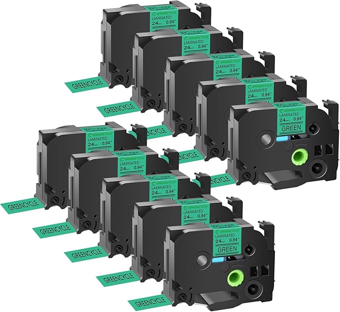 GREENCYCLE Compatible for Ptouch TZe-751 TZe751 AZE Tape 24mm 0.94 Inch 1" Black on Green Laminated Label Tape for PT2730 PT9600 PTD600VP PTD800W PTH500LI PTP700 PTP710BT PTP750W, 10 Pack