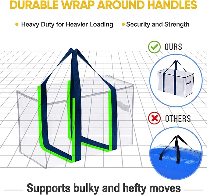 VENO 2 Pack Moving Bags and Large Christmas Storage Bins with lids. Alternative to Moving Boxes, Packing Supplies for College. Extra Large Heavy Duty Totes for Packaging (Clear, 2 Pack)
