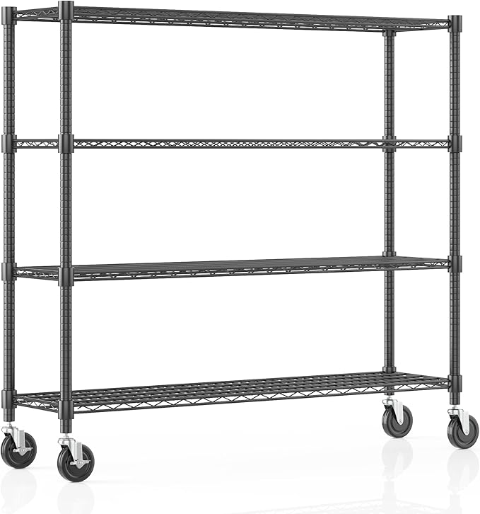 Homdox Heavy Duty Metal Shelves for Storage, 4 Tier Storage Racks and Shelving, Commercial Adjustable Wire Shelving Unit on Wheels, Garage Rack Pantry Shelves Kitchen Shelving, 18"x60"x72", Black