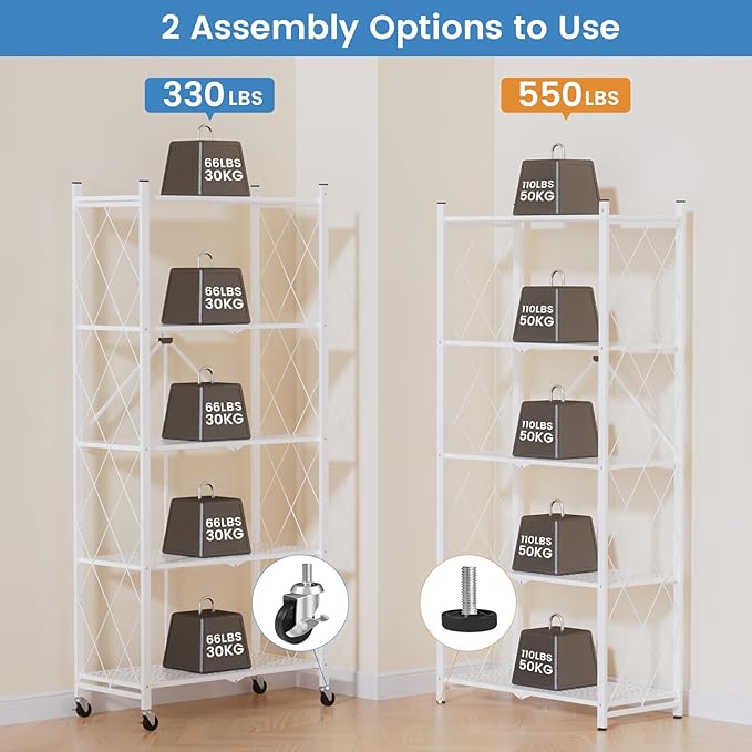 ALANNG 70.7" H Metal Storage Shelves, 5 Tier Folding Shelf on Wheels, Heavy Duty, No Assembly, Rolling, Collapsible Rack Unit for Kitchen, Basement, Pantry (White,3 Pack)