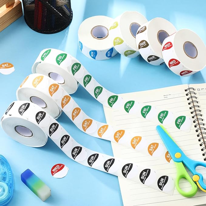 7000 Pcs Day of The Week Labels Food Labels Monday Through Sunday Management Inventory Stickers Removable Weekly Self Adhesive Date Dot Stickers for Restaurant Kitchen Containers (Wave)