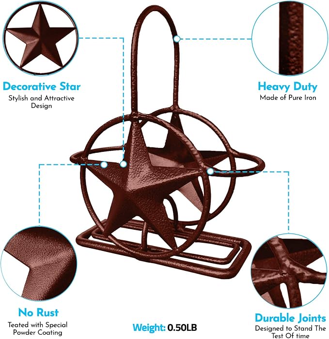 Brown Rustic Texas Star Paper Towel Holder, Napkin Holder, Salt and Pepper Shakers Holder, Country Farmhouse Iron Kitchen Counter Accessory Set Holders (Salt & Pepper Shaker Holder)