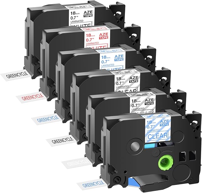 GREENCYCLE Compatible for Brother P-Touch TZ TZe Label Tape 18mm 0.7" 3/4-Inch Black/Red/Blue on White, Black/Blue/White on Clear for PT-P710BT PTD400 PTD400AD PTD600 PT-P700 Label Maker-6 Pack