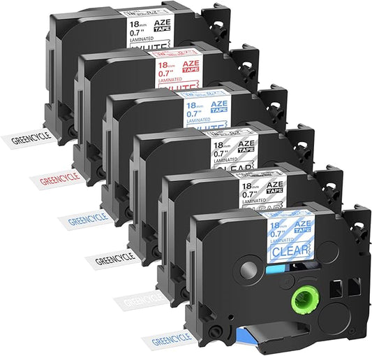 GREENCYCLE Compatible for Brother P-Touch TZ TZe Label Tape 18mm 0.7" 3/4-Inch Black/Red/Blue on White, Black/Blue/White on Clear for PT-P710BT PTD400 PTD400AD PTD600 PT-P700 Label Maker-6 Pack