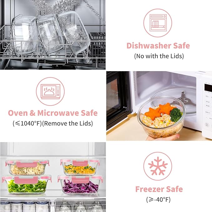34pcs Glass Food Storage Containers with Lids Set, Airtight Glass Meal Prep Containers (17 Containers & 17 Lids), Leak Proof Lunch Container BPA-Free, Microwave, Oven, Freezer, Dishwasher Safe-PINK