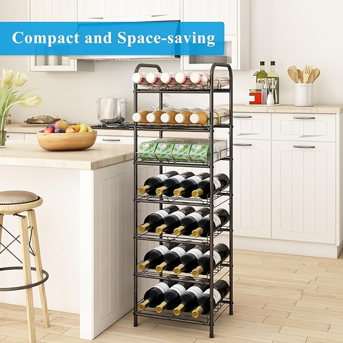 GILLAS 3 5 6 7 8 Tier Water Bottle Storage Rack, Free Standing Vertical Metal,Water Bottle Organizer, Large Capacity Bottled Rack Water Holder Stand for Cabinet Kitchen Party Pantry,Black