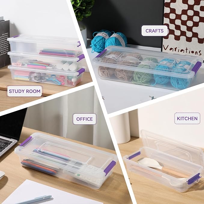 novelinks Clear Stackable Storage Bins with lid Storage Boxes Durable Plastic Organizer Containers for Home Office, Kitchen, Craft Supplies (4 Quart 8 Pack Purple)