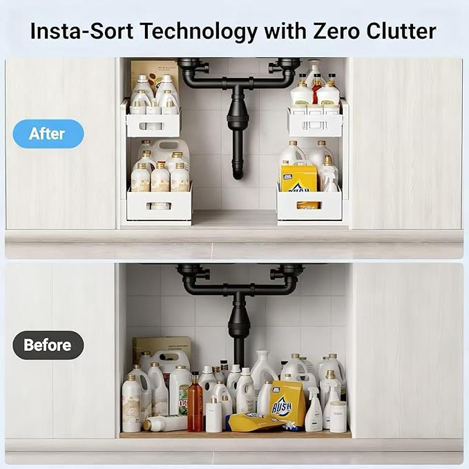 UINOFLE Under Sink Organizer, Adjustable Height 2 Tier Under Sink Organizers and Storage Multi-Purpose Under Sink Storage for Bathroom Kitchen