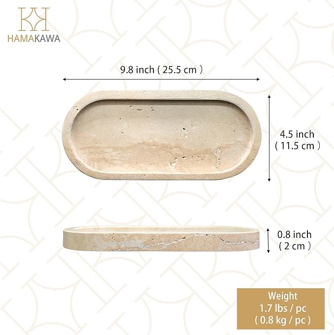HAMAKAWA Bathroom Vanity Tray, Natural Marble Oval Sink Tray 10 inch, Beige Travertine Vanity Tray for Soap Dispenser Modern Countertop Organizer for Kitchen Countertops, Home Decor