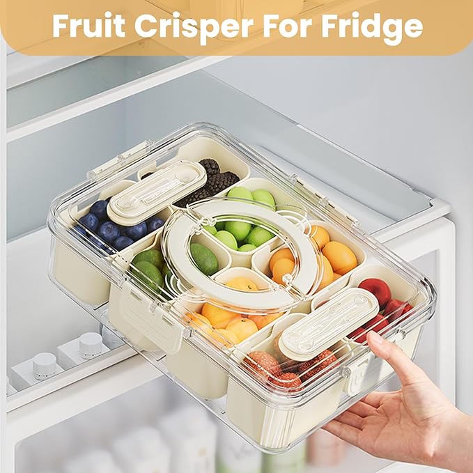 2 Pack Divided ServingTray with lid and Handle, 8 & 4 Compartments Snackle Box with Utensils, Fridge Food Veggie Condiment Storage, Kitchen Clear Food Container for Picnic, Camping, School