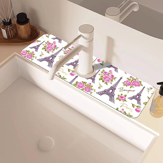 Romantic Eiffel Tower Roses Kitchen Sink Splash Guard Mat Absorbent Fast Drying Mat Faucet Draining Mat Sink Splash Guard Behind Faucet Drip Catcher for Kitchen Bathroom 5.5"×15"