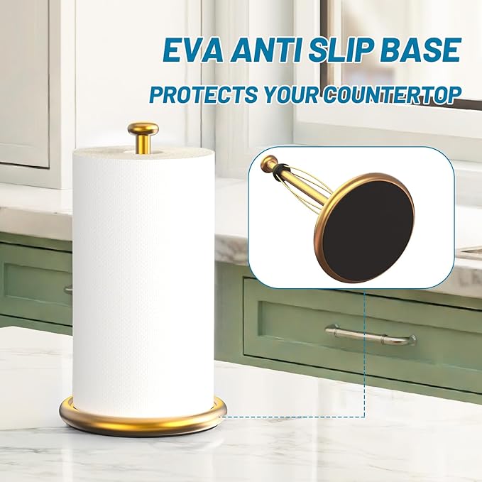VEHHE Gold Paper Towel Holder Countertop with Weighted Base, One-Handed Tear Kitchen Towel Holder with Damping Function and EVA Non-Slip Pad for Bathroom