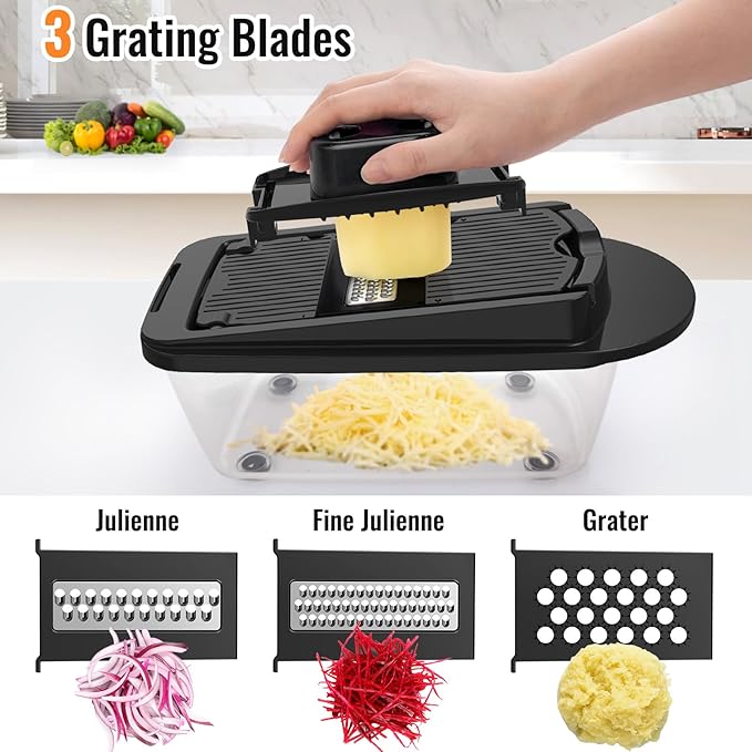 12 Blade All-in-1 Vegetable Chopper Mandoline Slicer with Container, Spiralizer with Containers, Food Chopper, Onion Chopper, Veggie Cutter for Salad, Kitchen Gadgets Accessories Essentials, Black