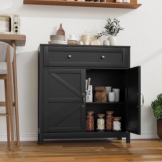 Mino Kesper Buffet Sideboard with 2 Barn Doors,Black Kitchen Cabinet with Adjustable Shelf, Freestanding Floor Storage Cabinet