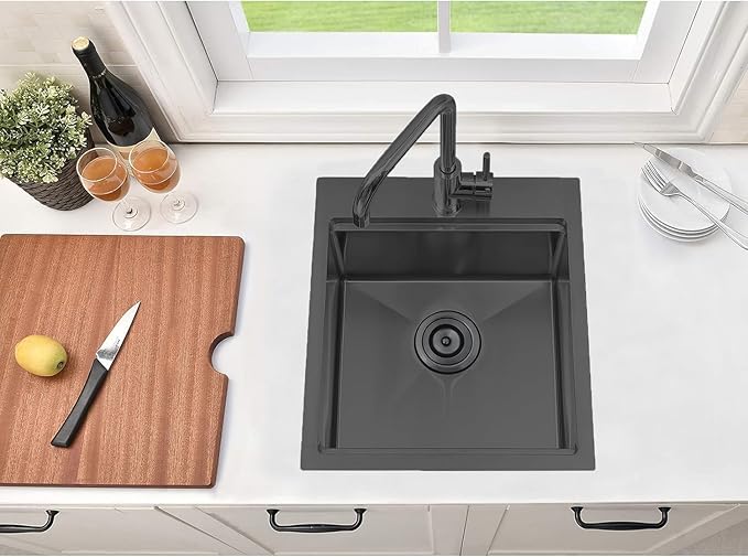 Black Bar Sink Drop In, 15x20 Inch Kitchen Sink Stainless Steel Small Topmount Workstation Sinks, Single Bowl Kitchen Sinks for Office Laundry Wet Bar Prep RV Outdoor Yard