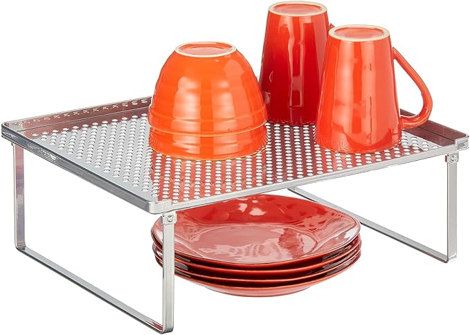 mDesign Metal Kitchen Shelf Organizer Rack - Stacker Storage Risers for Cabinet, Counter, Cupboard, or Pantry - Holder Stand for Plates, Dishes, Cups, Bowl, and Glasses - 2 Pack - Chrome