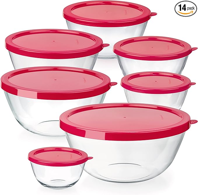 dokaworld 7 Stackable Space-Saving Nesting Glass Bowls with Pink Lids for Foodprep, Storage, Baking, Mixing & Cooking, Microwave Safe - Durable Inert Borosilicate Glass