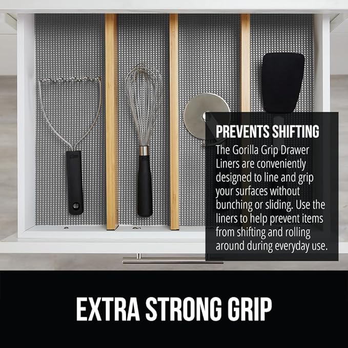 GORILLA GRIP powerGRIP Drawer Shelf and Cabinet Liner, Thick Strong Hold, Non-Adhesive Liners Protect Kitchen Cabinets and Cupboard, Bathroom Drawers, Easy Install, Breathable Mat, 17.5" x10', Gray