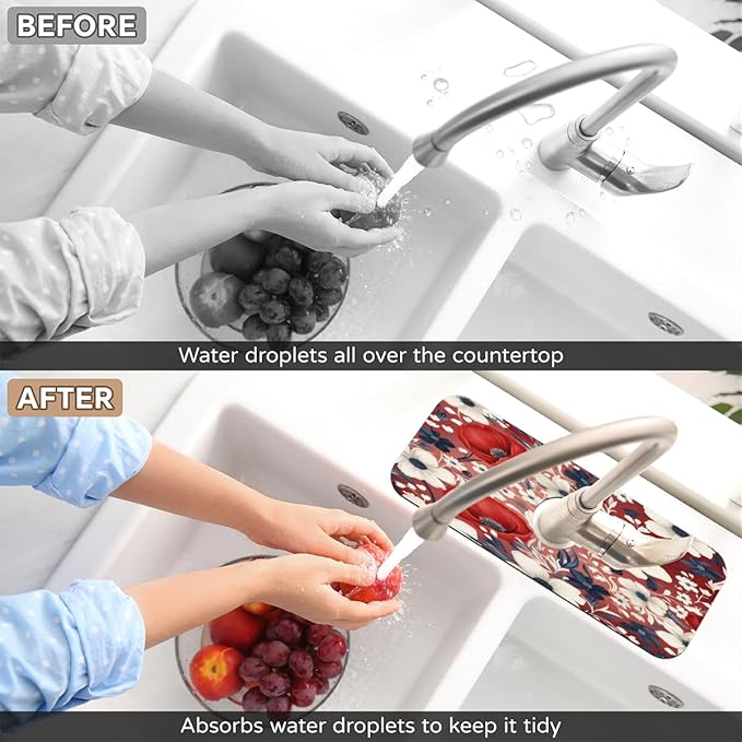 Red White Floral Bliss Kitchen Faucet Mat Splash Guard, 15.4”x5.7” Absorbent Quick Drying Sink Mat for Countertop Protection, Draining Mat Sink Protectors For Kitchen Bathroom, 1 Pack