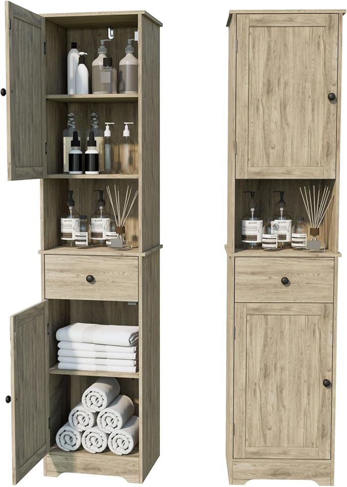 Viaozutis Tall Bathroom Cabinet, Storage Cabinet with 2 Doors & 2Drawer, with Ajustable Shelve, for Bathrooms, Kitchens,Entrances,Bedrooms（Grey）
