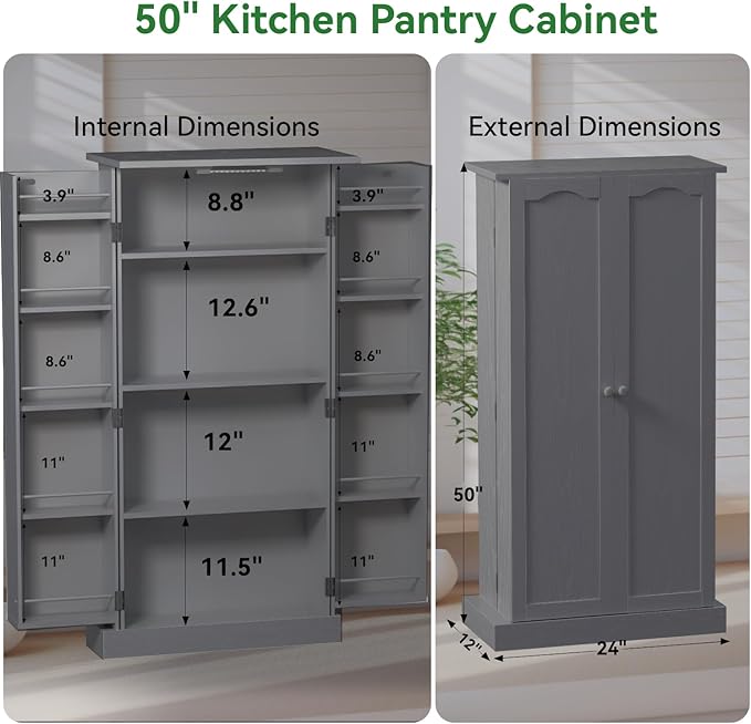 FJTJBSI 50" LED Kitchen Pantry Cabinet Grey Storage Cabinet Food Pantry with Doors and Adjustable Shelves Freestanding Buffet Cupboards Sideboard for Kitchen Living Room and Dinning Room