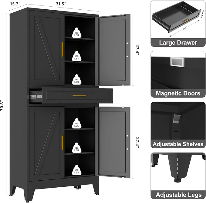 LCAOPC 71" Tall Pantry Storage Cabinet with Drawer and Adjustable Shelves, Freestanding Tall Kitchen Cupboard Storage Cabinet for Kitchen,Dining Room, Living Room, Black
