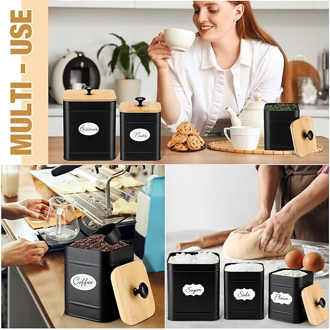 Tioncy Kitchen Canisters for Countertop Set of 3 Metal Canisters Sets with Bamboo Lids Spoon Airtight High Capacity Coffee Tea Sugar Flour Jars with DIY Labels Farmhouse Food Storage(Black,XL,L,M)