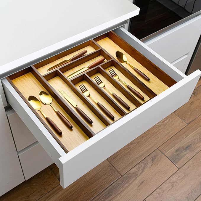 Cozee Bay Bamboo drawer organizer, utensil holder, silverware organizer, and adjustable cutlery tray with drawer dividers, for kitchen, office desk, and bathroom storage (Vintage Brown)