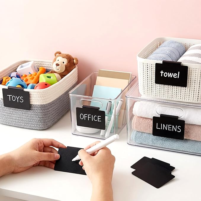 32Pcs Basket Labels Clip On Set - Include 30 Clip On Labels for Storage Bins with 2 Chalk Markers, PVC Removable Label Holders Basket Tags Label Clips for Kitchen Pantry Storage Bin (Black)