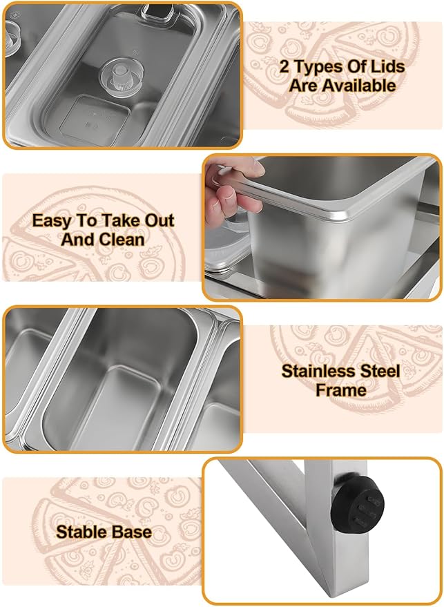 Lanstics Pizza Topping Station 8 Pans Pizza Storage Container Topping containers with Lids Spoon Condiment Organizers Buffet Containers Set for Restaurant Pizza Sauce Jam Fruit Ingredient