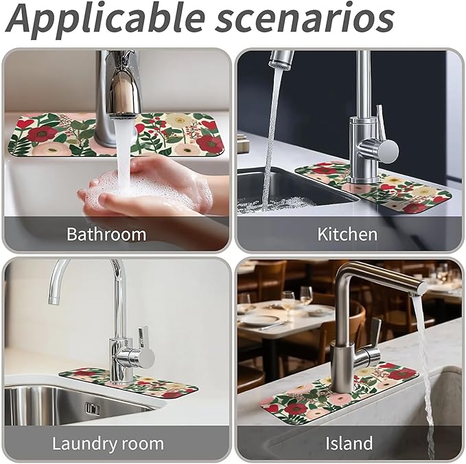 Kitchen Sink Splash Guard，Sweet flowers Faucet Mat Sink Gadgets-Super Absorbent Fast Drying Mat Drip Catcher for Kitchen, Bathroom,Sink Mat, Dish Drying Mat, Bathroom(15" X 5.5" )