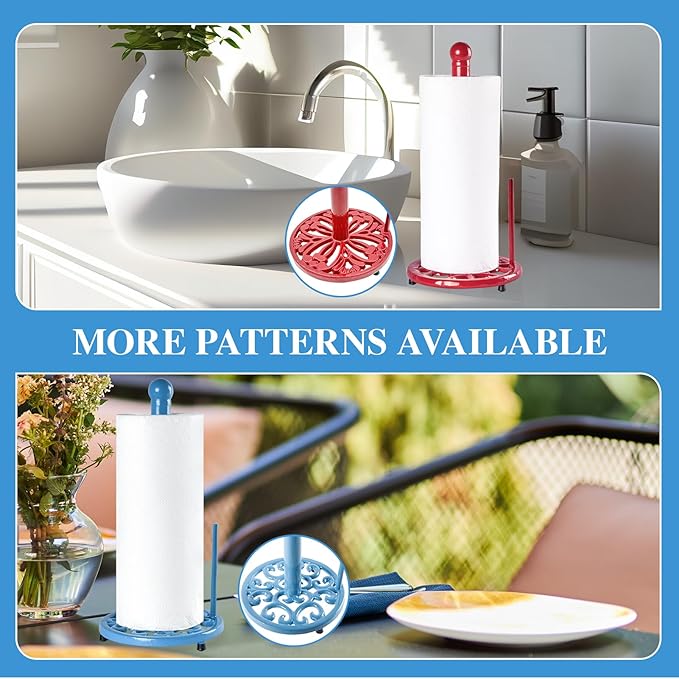 JOGREFUL Paper Towel Holder Stand, Cast Iron Kitchen Paper Towel Countertop Vintage Stand with Weighted-Base, Bathroom Organization for Family Standard Large Size Roll Paper, Classic Style, Blue