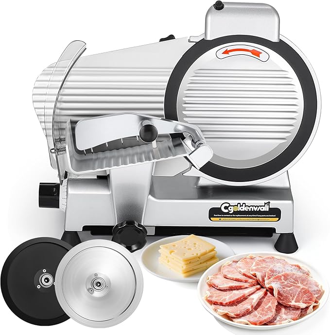 CGOLDENWALL Meat Slicer Machine with Teflon Non-stick Blade 240W Electric Meat Slicer for Frozen Meat/Deli Meat/Cheese/Food Slicer, Low Noises Commercial and Home Use