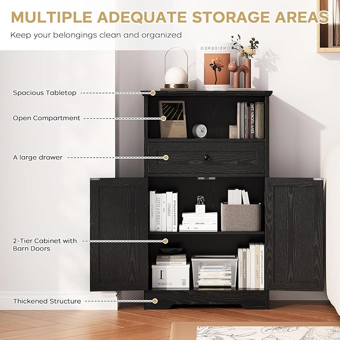Viroformo Floor Cabinet, Farmhouse Storage Cabinet with Barn Doors and Drawer, 11.81" D x 23.62" W x 39.37" H Black Freestanding Adjustable Shelf Organizer for Bathroom, Kitchen, Living Room