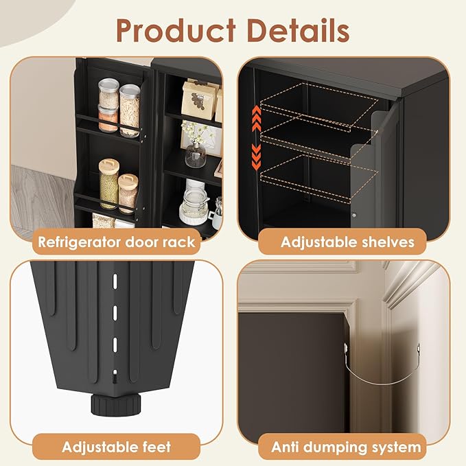 erosoei 51" H Metal Kitchen Pantry Storage Cabinet,Storage Cabinets with Doors and Adjustable Shelves,Freestanding Food Pantry Cabinet Cupboard for Living Room,Dinning Room (Black)