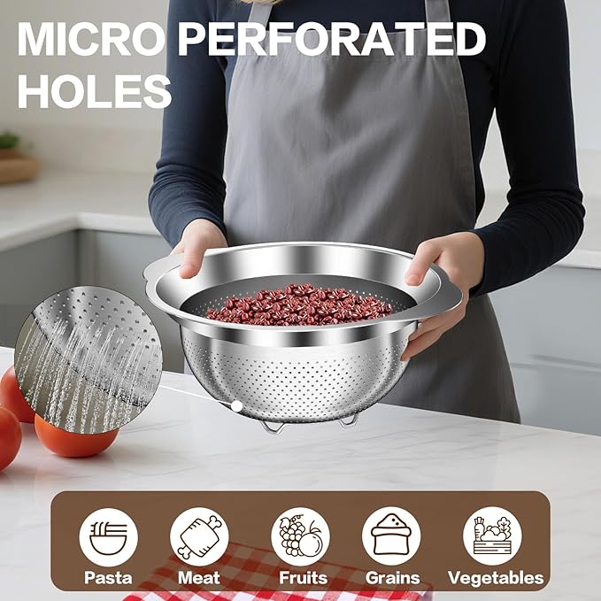 Stainless Steel Colander for Kitchen, Stainless Steel Strainer, Pasta Strainer for Spaghetti Fruit Vegetable Cooking Food, 3 Pcs Strainers and Colanders(2QT, 3QT, 5QT), Dishwasher Safe, Kitchen Gift