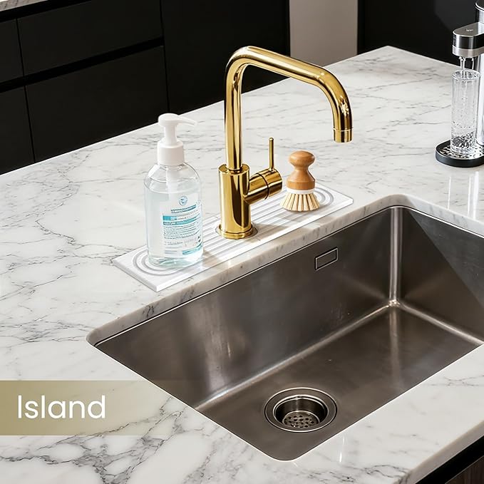 Premium Diatomite Stone Drying Mat for Kitchen Counter - Faucet Mat, Sink Protector & Splash Guard, Quick-Dry Kitchen Sink Mat (White, 15.8" x 4")