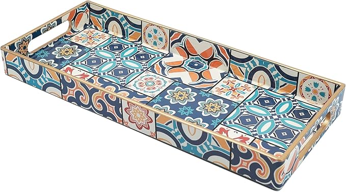 Leemxiiny Bathroom Vanity Tray for Countertop, Small Plastic Toilet Tank Tray Versatile Storage & Organization Tray for Makeup, Perfume, Desk, Kitchen, Candles, 13.7"x6"x1.4", 35Boho2