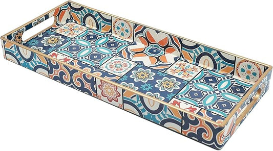 Leemxiiny Bathroom Vanity Tray for Countertop, Small Plastic Toilet Tank Tray Versatile Storage & Organization Tray for Makeup, Perfume, Desk, Kitchen, Candles, 13.7"x6"x1.4", 35Boho2