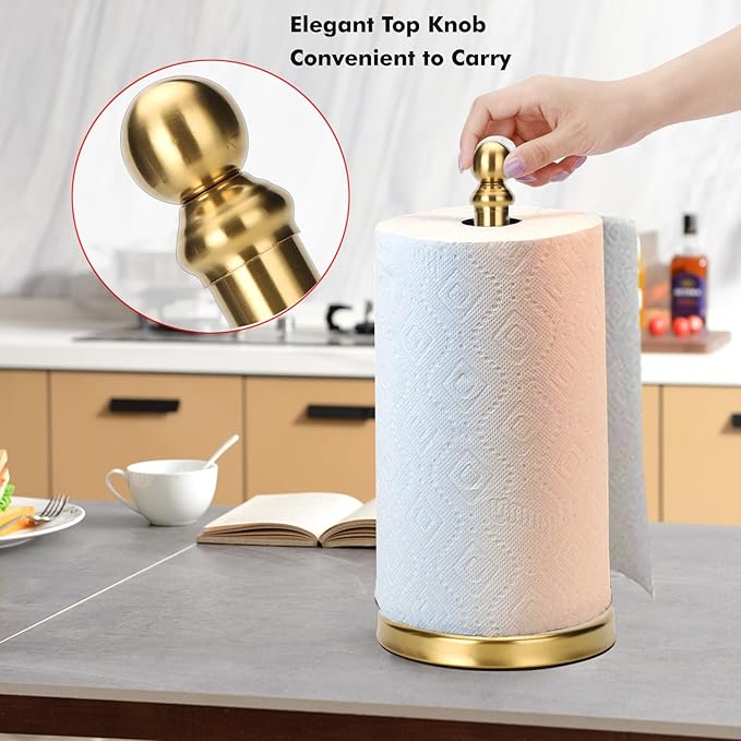 Exilon Gold Paper Towel Holder Countertop with Weighted Stainless Steel Base, One-Handed Design No Tipping Over, Standing Paper Towel Holder Standing in Brushed Gold Finish