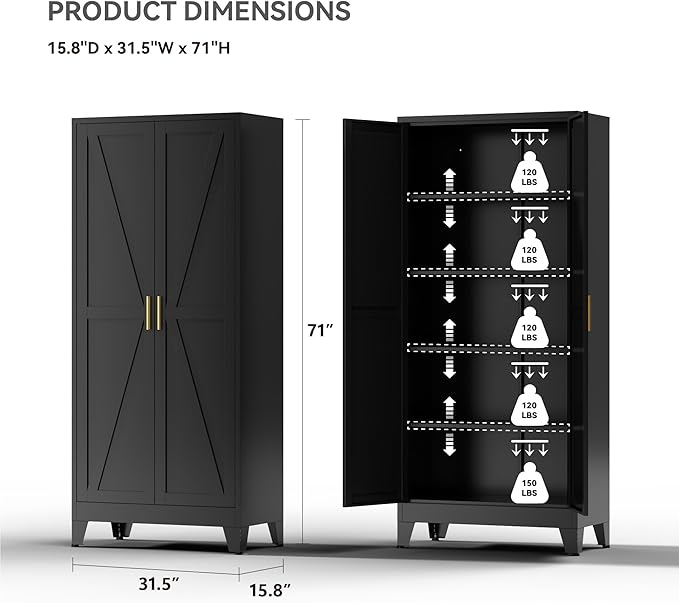 YNIQUESTLE Farmhouse Pantry Cabinet with Barn Doors, 71" H x 31.5" W, 5-Tier Metal Storage Cabinet with 4 Adjustable Shelves for Kitchen Garage Dining Room, Black