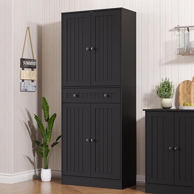 Furnify Kitchen Pantry Storage Cabinet, 71" H Farmhouse Pantry Cabinet with 4 Doors & Drawer, Freestanding Cupboard with Adjustable Shelves, Rustic Wood Cupboard for Kitchen, Dining Room, Black
