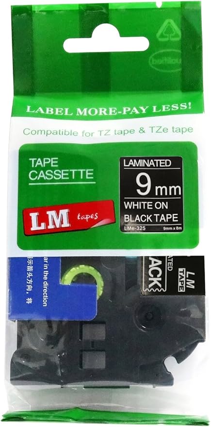 1/Pack LM Tapes - LMe325 Premium 3/8" White Print on Black Label Compatible with P-Touch TZe-325 Tape and Includes Tape Color/Size Guide. Replaces TZ-325 9mm 0.35 Laminated.