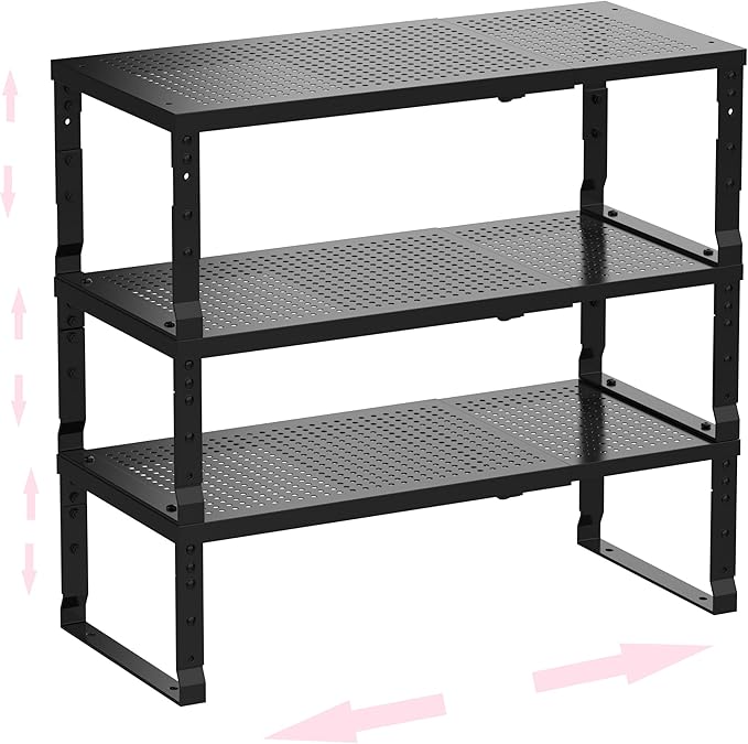Asiingkel Metal Stackable Expandable Storage Shelf - Multi-Functional Home Storage Shelf, Suitable for Kitchen, Cabinet，Bathroom, Office, Garage, etc.（3PACKS/Black/Medium