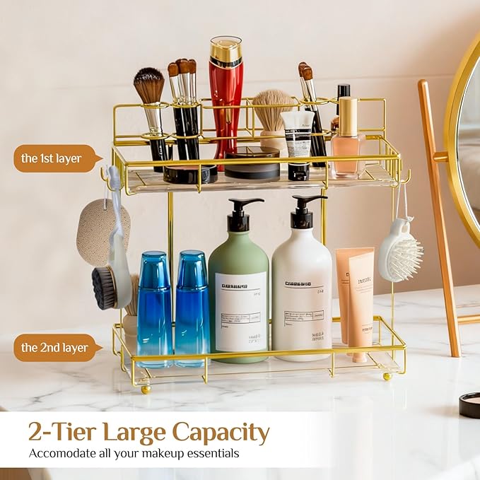 Megier 2 Tier Golden Bathroom Organizer Countertop, Small Countertop Organizer for Bathroom Decor, Kitchen Counter Shelf for Spice Rack and Snack, Vanity Makeup Organizers and Storage Tray for Bedroom