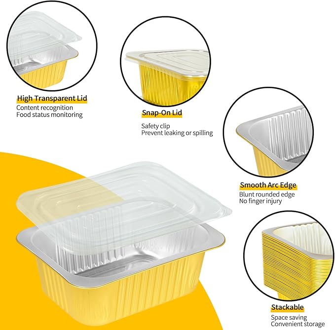 40 Pack 2.25lb 8.7"×6"×1.8" Gold Aluminum Foil Pans with Lids Heavy Duty, Foil Food Containers with Lids, Disposable Tin Foil Pans for Meal Prep, Freezer, Heating and Takeout