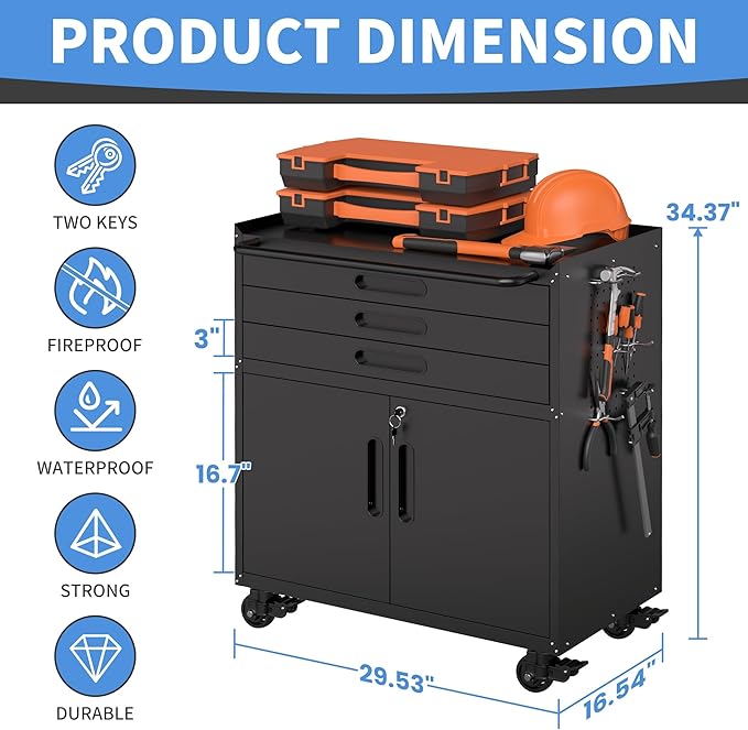 BIZOEIRON Metal Garage Storage Cabinet with Wheels, Rolling Tool Cabinet with 3 Drawers and 2 Doors, Heavy Duty Tool Cabinet with Workbench, Assembly Required, Black